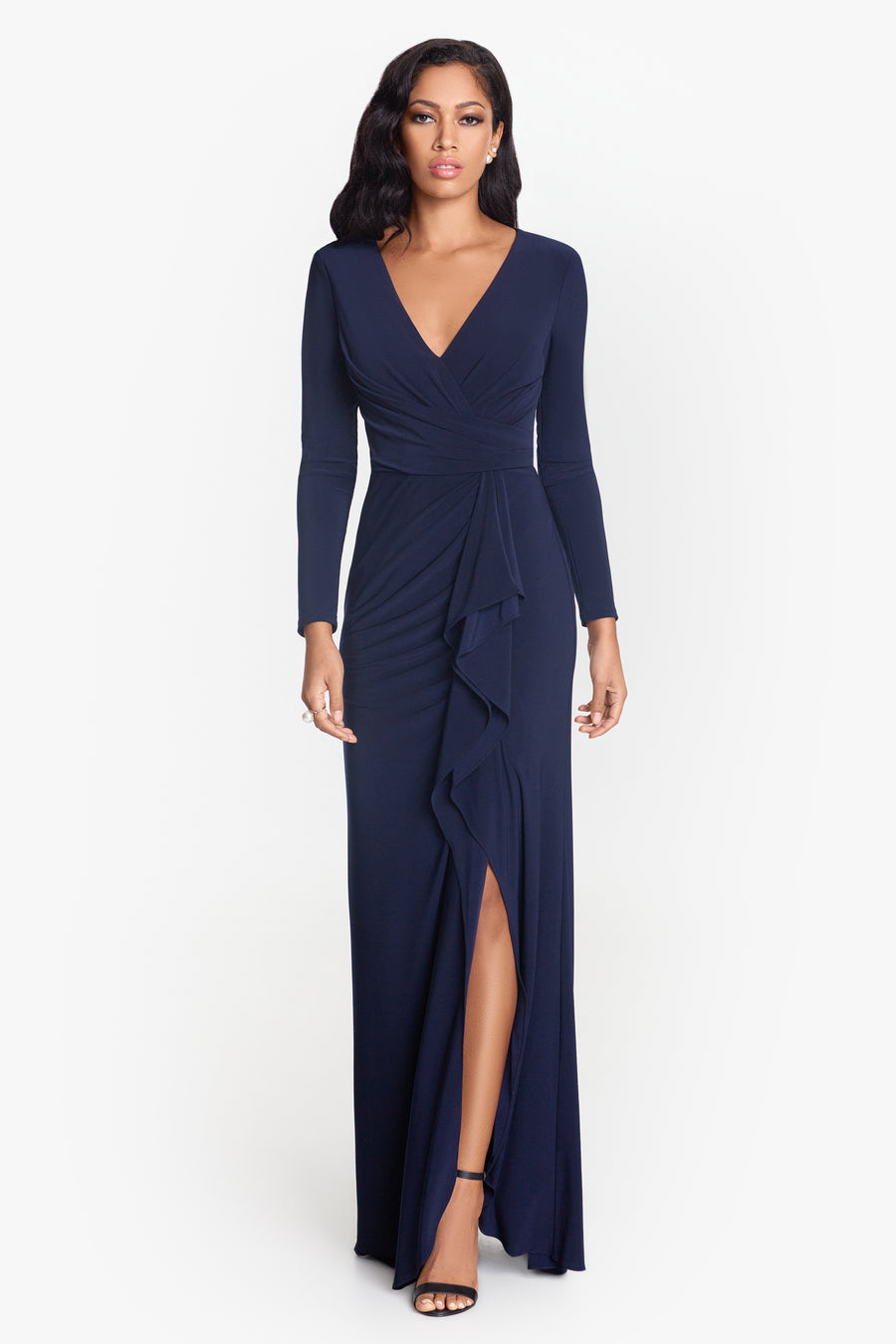 Elle" Long Sleeve Side Ruffled Slit Gown – Betsy & Adam