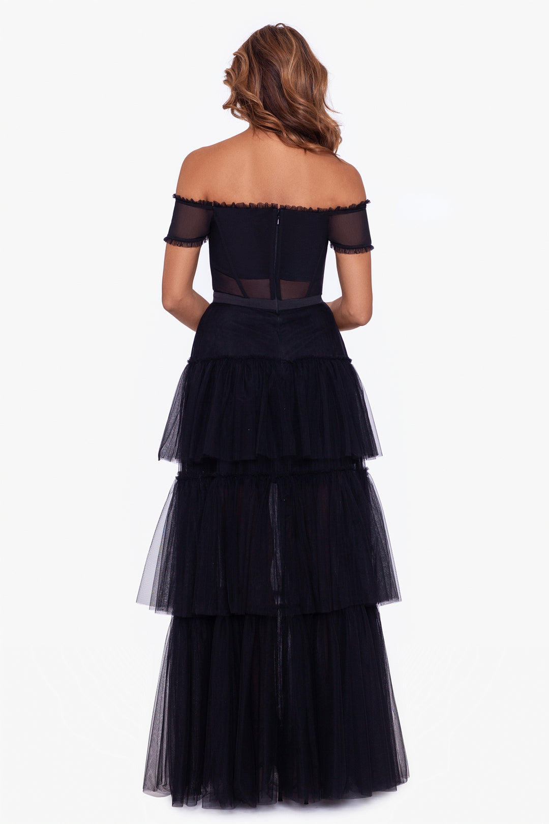 "Kai" Off the Shoulder Tiered Mesh Ball Gown - Betsy & Adam