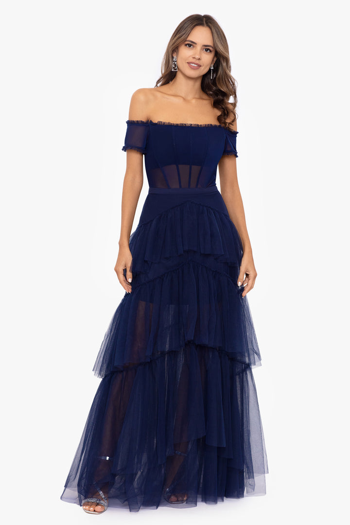 "Kai" Off the Shoulder Tiered Mesh Ball Gown