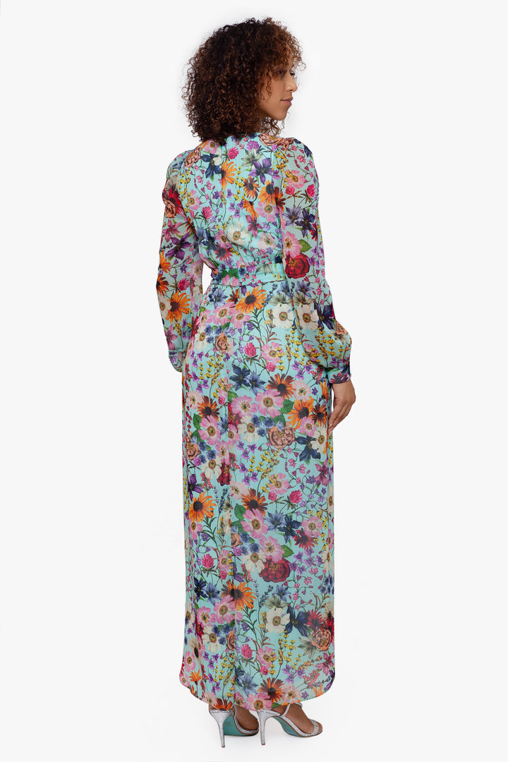"Linda" Long V-Neck Long Sleeve Chiffon Print Dress