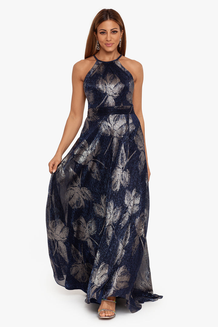 "Ilaria" Long Halter Foil Print Dress
