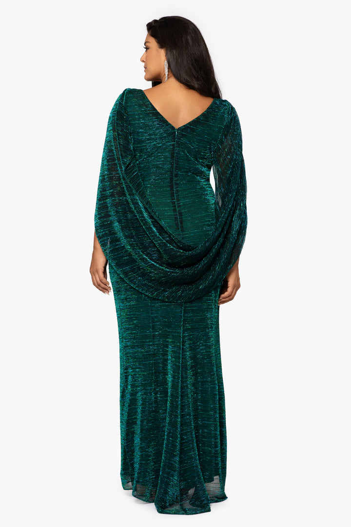 Plus "Tamsin" Long Metallic Knit Long Sleeve Drape Dress