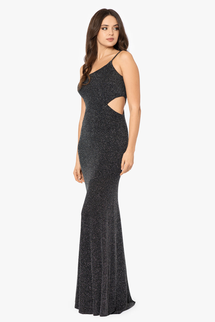 "Claudia" Long One Shoulder Glitter Side Cut Out Dress
